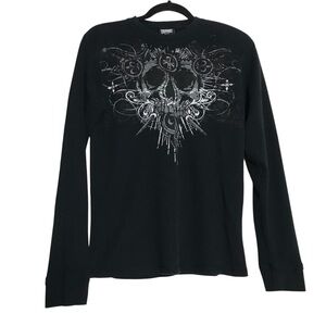 VTG MMA Elite Y2K Black Skull Cross Graphic Long Sleeve Thermal Shirt Men Size M